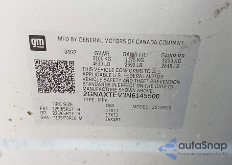 2022 Chevrolet Equinox Awd 2Fl из США, поврежденный, VIN 2GNAXTEV3N6145500